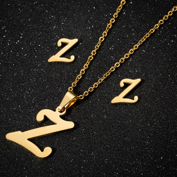 Women's Stainless Steel Alphabet Letter Pendant Necklace And Earring Set With Electroplated Finish And Simple Ochain Design