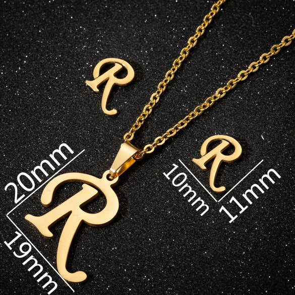 Women's Stainless Steel Alphabet Letter Pendant Necklace And Earring Set With Electroplated Finish And Simple Ochain Design