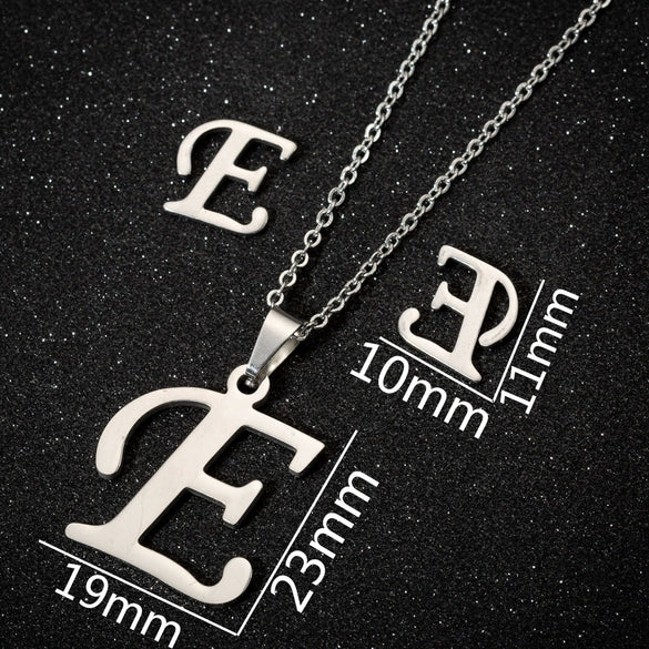 Women's Stainless Steel Alphabet Letter Pendant Necklace And Earring Set With Electroplated Finish And Simple Ochain Design