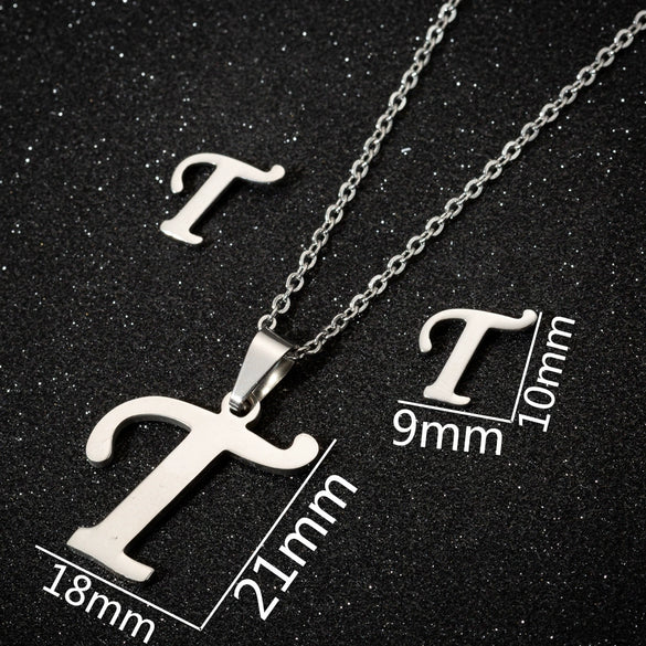 Women's Stainless Steel Alphabet Letter Pendant Necklace And Earring Set With Electroplated Finish And Simple Ochain Design