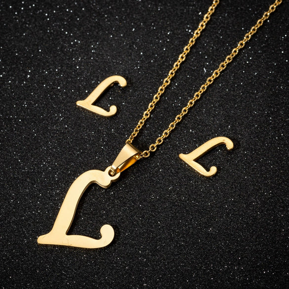 Women's Stainless Steel Alphabet Letter Pendant Necklace And Earring Set With Electroplated Finish And Simple Ochain Design