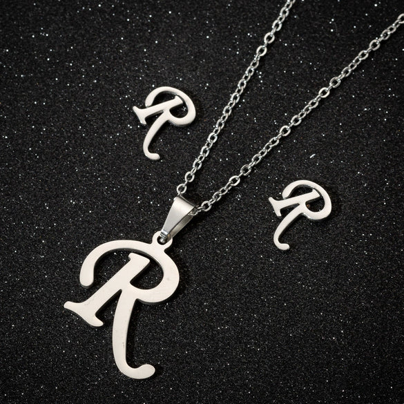Women's Stainless Steel Alphabet Letter Pendant Necklace And Earring Set With Electroplated Finish And Simple Ochain Design