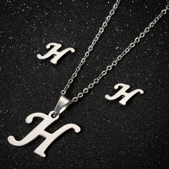 Women's Stainless Steel Alphabet Letter Pendant Necklace And Earring Set With Electroplated Finish And Simple Ochain Design