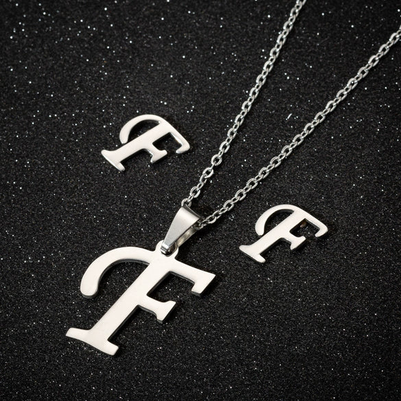 Women's Stainless Steel Alphabet Letter Pendant Necklace And Earring Set With Electroplated Finish And Simple Ochain Design