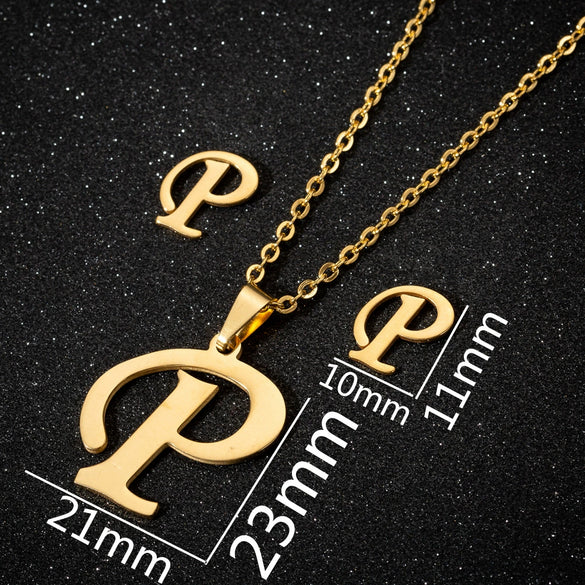 Women's Stainless Steel Alphabet Letter Pendant Necklace And Earring Set With Electroplated Finish And Simple Ochain Design