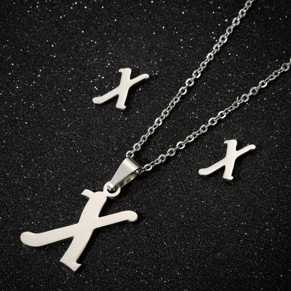 Women's Stainless Steel Alphabet Letter Pendant Necklace And Earring Set With Electroplated Finish And Simple Ochain Design
