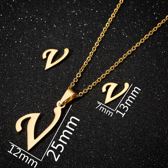 Women's Stainless Steel Alphabet Letter Pendant Necklace And Earring Set With Electroplated Finish And Simple Ochain Design