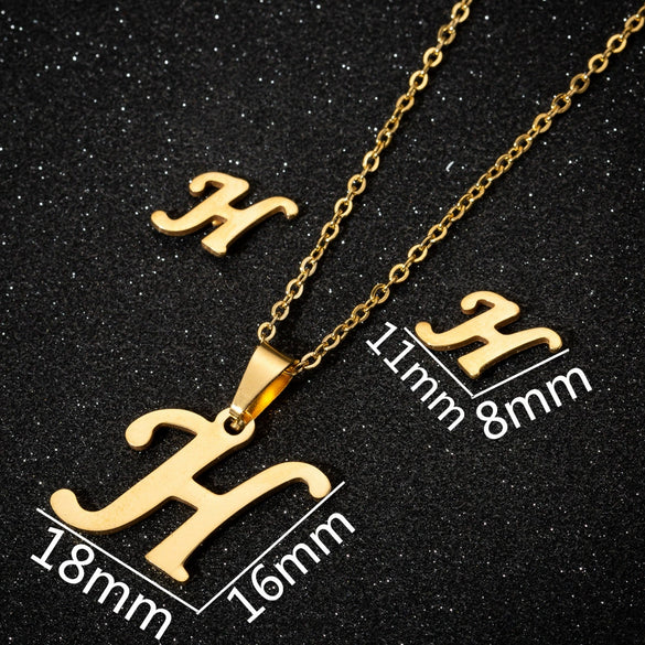 Women's Stainless Steel Alphabet Letter Pendant Necklace And Earring Set With Electroplated Finish And Simple Ochain Design