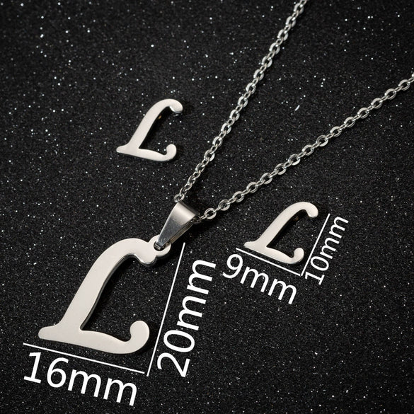 Women's Stainless Steel Alphabet Letter Pendant Necklace And Earring Set With Electroplated Finish And Simple Ochain Design