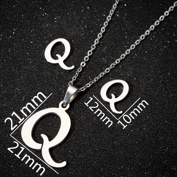 Women's Stainless Steel Alphabet Letter Pendant Necklace And Earring Set With Electroplated Finish And Simple Ochain Design