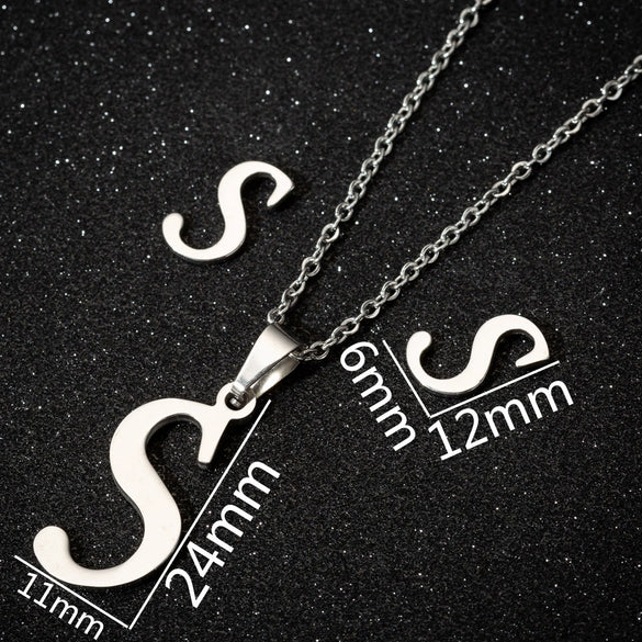 Women's Stainless Steel Alphabet Letter Pendant Necklace And Earring Set With Electroplated Finish And Simple Ochain Design