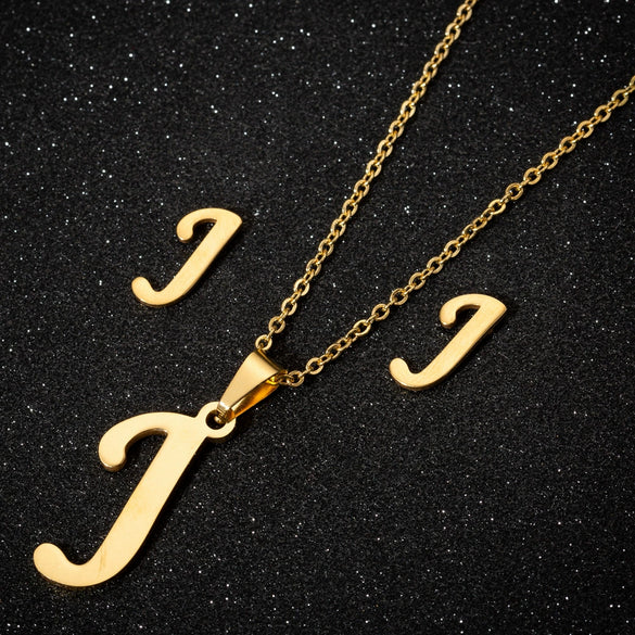 Women's Stainless Steel Alphabet Letter Pendant Necklace And Earring Set With Electroplated Finish And Simple Ochain Design