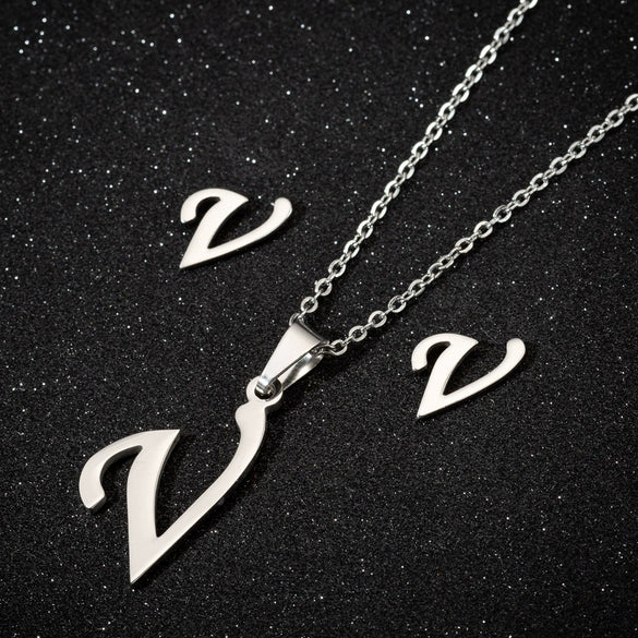 Women's Stainless Steel Alphabet Letter Pendant Necklace And Earring Set With Electroplated Finish And Simple Ochain Design