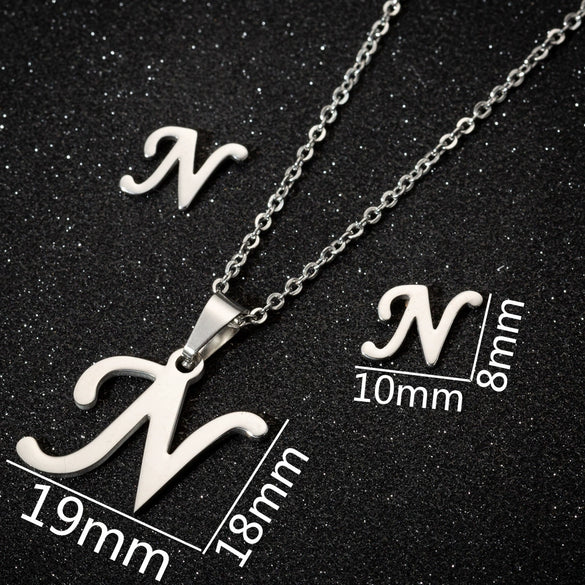 Women's Stainless Steel Alphabet Letter Pendant Necklace And Earring Set With Electroplated Finish And Simple Ochain Design