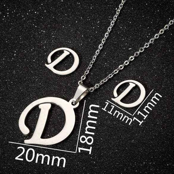 Women's Stainless Steel Alphabet Letter Pendant Necklace And Earring Set With Electroplated Finish And Simple Ochain Design