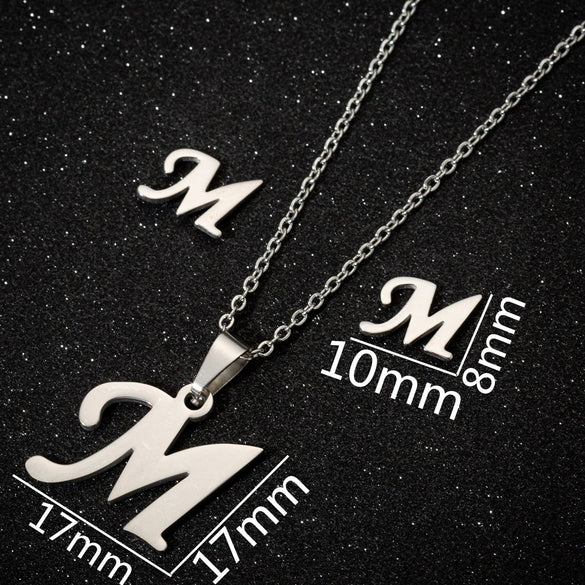 Women's Stainless Steel Alphabet Letter Pendant Necklace And Earring Set With Electroplated Finish And Simple Ochain Design