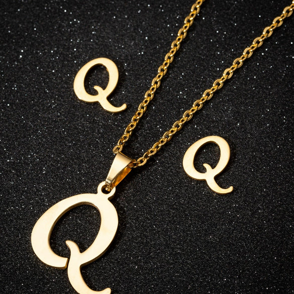 Women's Stainless Steel Alphabet Letter Pendant Necklace And Earring Set With Electroplated Finish And Simple Ochain Design