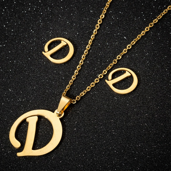 Women's Stainless Steel Alphabet Letter Pendant Necklace And Earring Set With Electroplated Finish And Simple Ochain Design