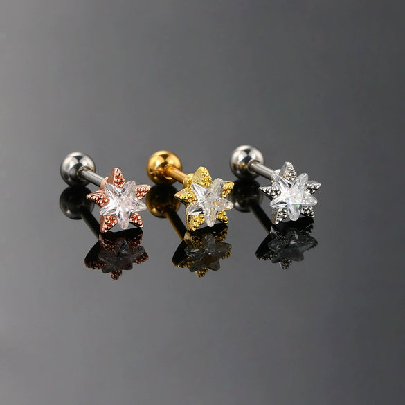 Women's Stainless Steel And Copper Geometric Flower Star Moon Twist Ball Piercing Earrings With Electroplating Treatment