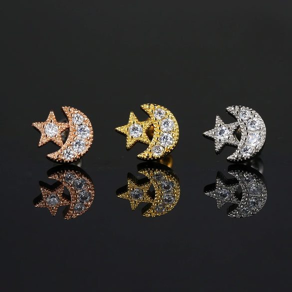 Women's Stainless Steel And Copper Geometric Flower Star Moon Twist Ball Piercing Earrings With Electroplating Treatment