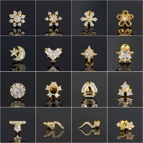 Women's Stainless Steel And Copper Geometric Flower Star Moon Twist Ball Piercing Earrings With Electroplating Treatment