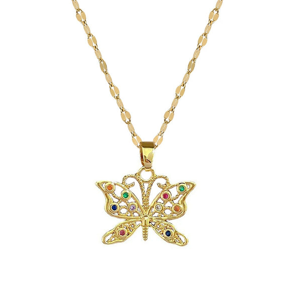 Women's Stainless Steel And Copper Necklace With Geometric Pattern And Electroplating Colorful Butterfly Design