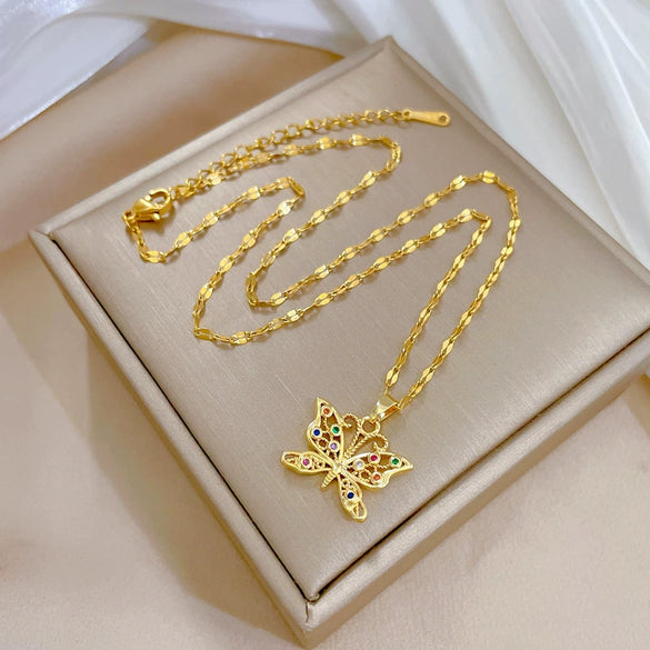 Women's Stainless Steel And Copper Necklace With Geometric Pattern And Electroplating Colorful Butterfly Design