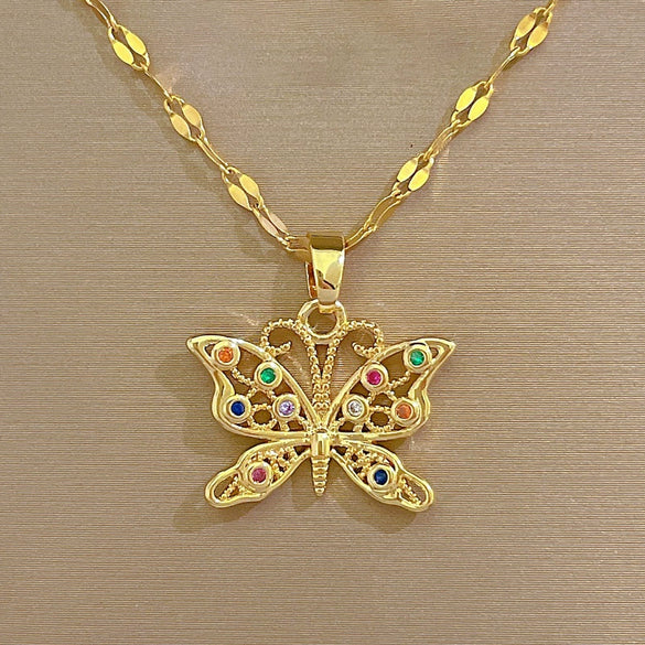 Women's Stainless Steel And Copper Necklace With Geometric Pattern And Electroplating Colorful Butterfly Design