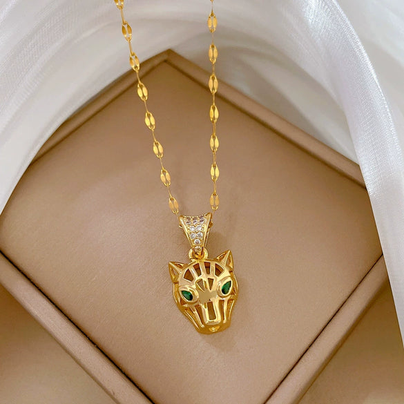 Women's Stainless Steel And Copper Necklace With Geometric Pattern And Electroplating Treatment Hollow Leopard Head Design