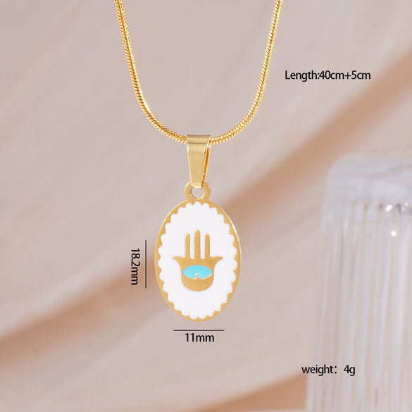 Women's Stainless Steel And Copper Necklace With Palm Pattern And Angel Devil's Eye Design Electroplated O Word Chain Titanium Steel Pendant