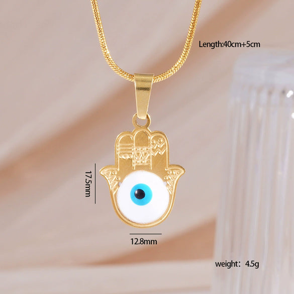 Women's Stainless Steel And Copper Necklace With Palm Pattern And Angel Devil's Eye Design Electroplated O Word Chain Titanium Steel Pendant