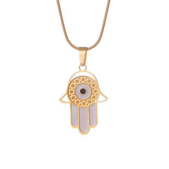 Women's Stainless Steel And Copper Necklace With Palm Pattern And Angel Devil's Eye Design Electroplated O Word Chain Titanium Steel Pendant