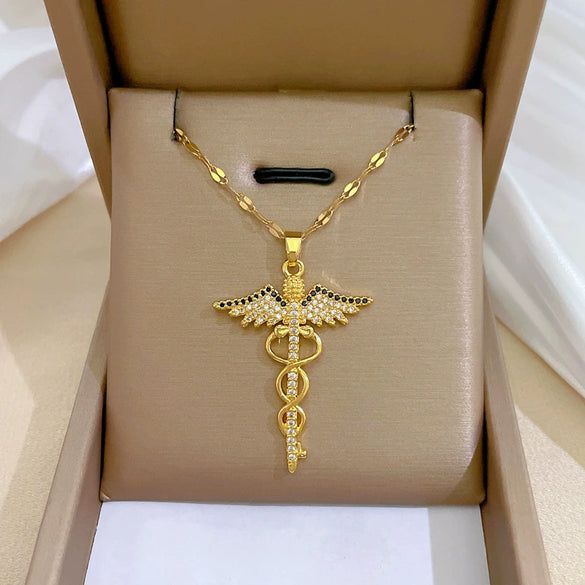 Women's Stainless Steel And Copper Necklace With Rotating Dragonfly Pendant Geometric Style Electroplating