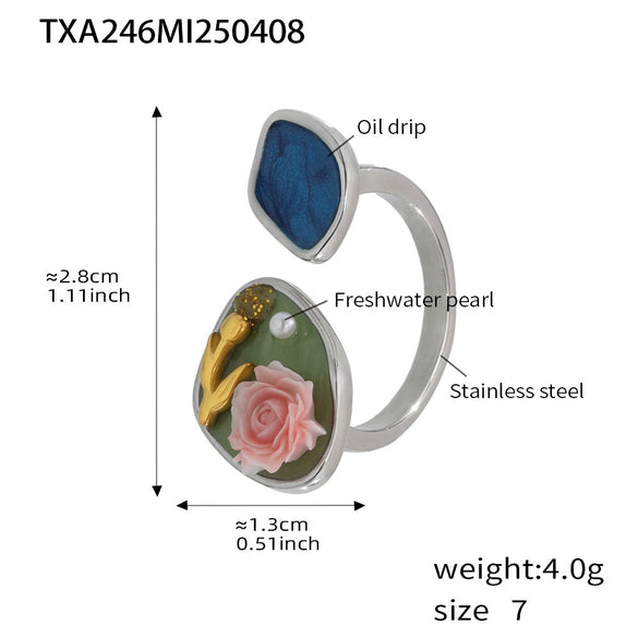 Women's Stainless Steel And Freshwater Pearl Clavicle Necklace And Open Ring Set With Enamel Glaze Rose Electroplated Snake Bone Chain