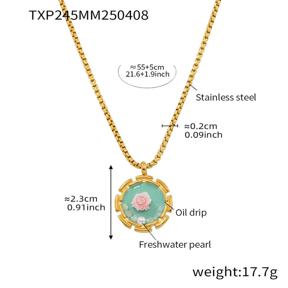 Women's Stainless Steel And Freshwater Pearl Clavicle Necklace And Open Ring Set With Enamel Glaze Rose Electroplated Snake Bone Chain
