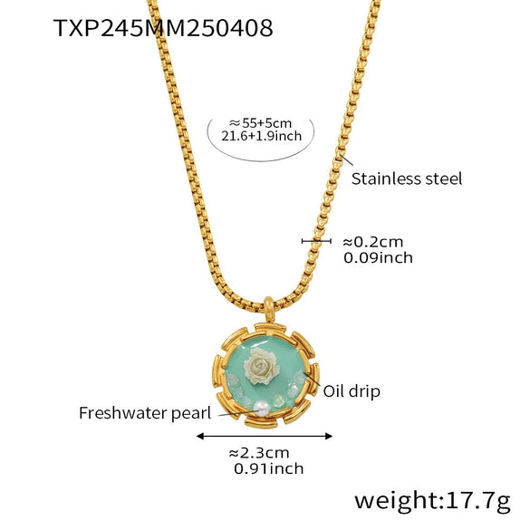Women's Stainless Steel And Freshwater Pearl Clavicle Necklace And Open Ring Set With Enamel Glaze Rose Electroplated Snake Bone Chain