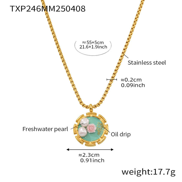 Women's Stainless Steel And Freshwater Pearl Clavicle Necklace And Open Ring Set With Enamel Glaze Rose Electroplated Snake Bone Chain