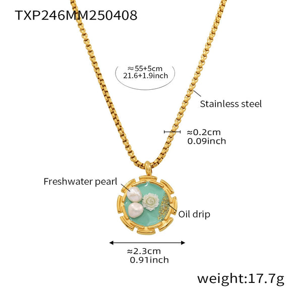Women's Stainless Steel And Freshwater Pearl Clavicle Necklace And Open Ring Set With Enamel Glaze Rose Electroplated Snake Bone Chain