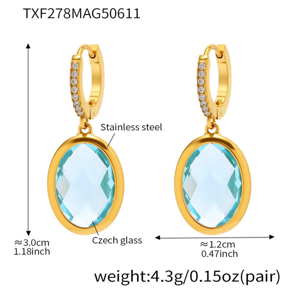 Women's Stainless Steel And Glass Geometric Patterned Edged Stone Pendant Earrings With Electroplating