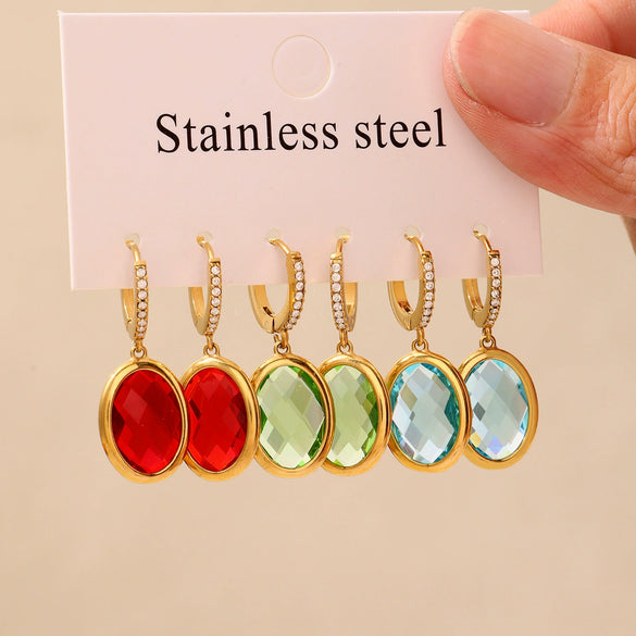 Women's Stainless Steel And Glass Geometric Patterned Edged Stone Pendant Earrings With Electroplating