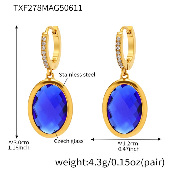 Women's Stainless Steel And Glass Geometric Patterned Edged Stone Pendant Earrings With Electroplating