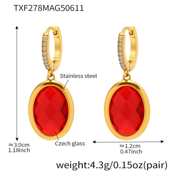 Women's Stainless Steel And Glass Geometric Patterned Edged Stone Pendant Earrings With Electroplating