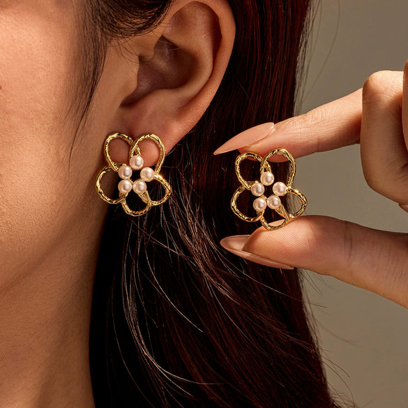 Women's Stainless Steel And 18K Gold Electroplated Hollow Flower Pearl Inlaid Earrings
