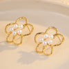 Women's Stainless Steel And 18K Gold Electroplated Hollow Flower Pearl Inlaid Earrings