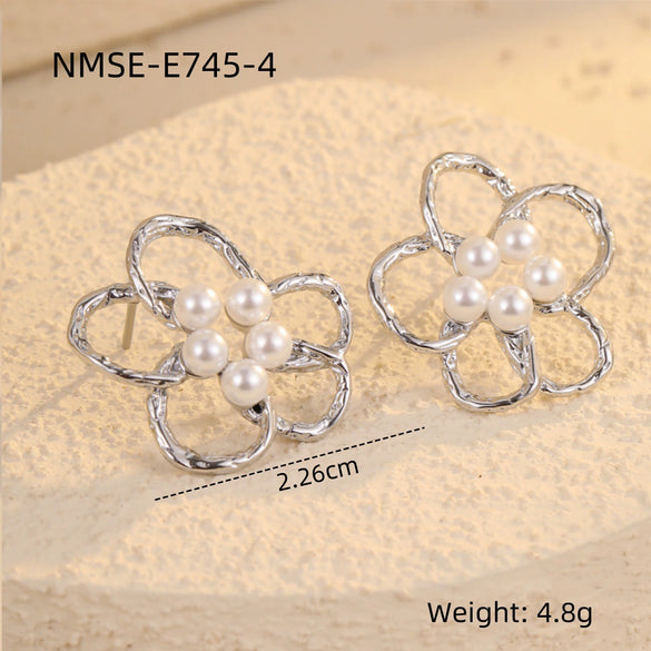Women's Stainless Steel And 18K Gold Electroplated Hollow Flower Pearl Inlaid Earrings