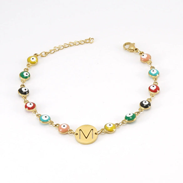 Women's Stainless Steel And 18K Gold Plated Letter Evil Eye Dripping Oil Bracelet