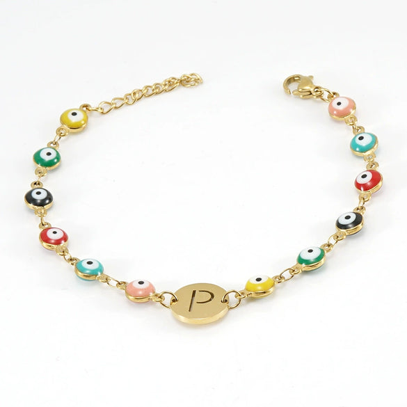 Women's Stainless Steel And 18K Gold Plated Letter Evil Eye Dripping Oil Bracelet