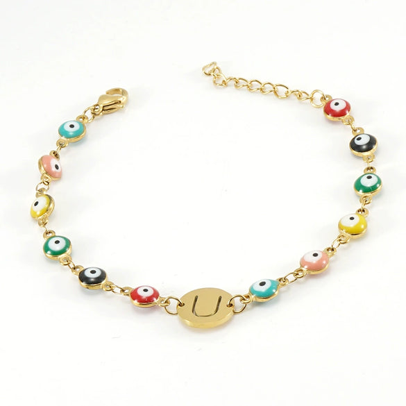 Women's Stainless Steel And 18K Gold Plated Letter Evil Eye Dripping Oil Bracelet