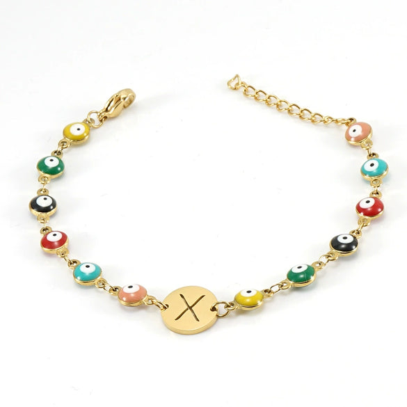 Women's Stainless Steel And 18K Gold Plated Letter Evil Eye Dripping Oil Bracelet
