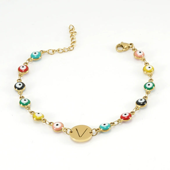 Women's Stainless Steel And 18K Gold Plated Letter Evil Eye Dripping Oil Bracelet